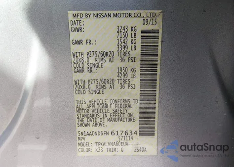 2015 Nissan Armada Sl z USA, uszkodzony, nr VIN 5N1AA0ND6FN617634